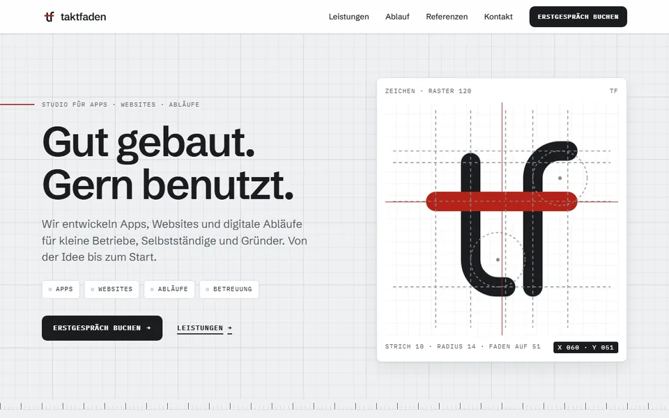 Startseite von taktfaden.de mit der Konstruktionszeichnung des Logos